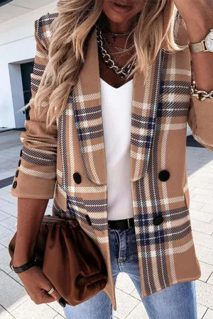 Purpdrank - Grey Brown Fashion Work Plaid Printing Turn-back Collar Outerwear